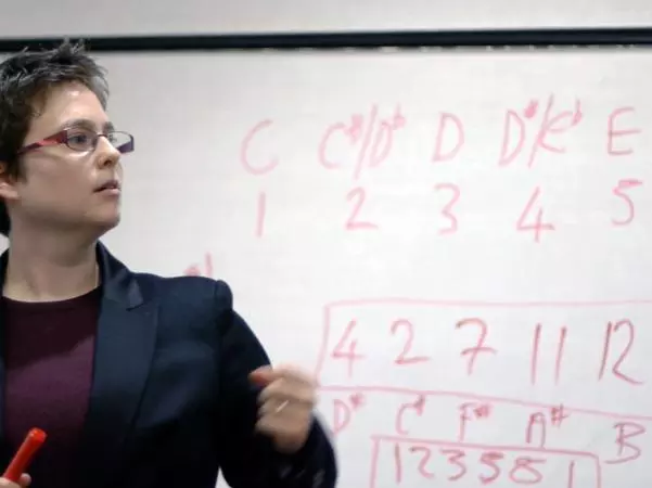 Emily Howard explaining 'numbers into notes'. Photograph by Angela Guyton.