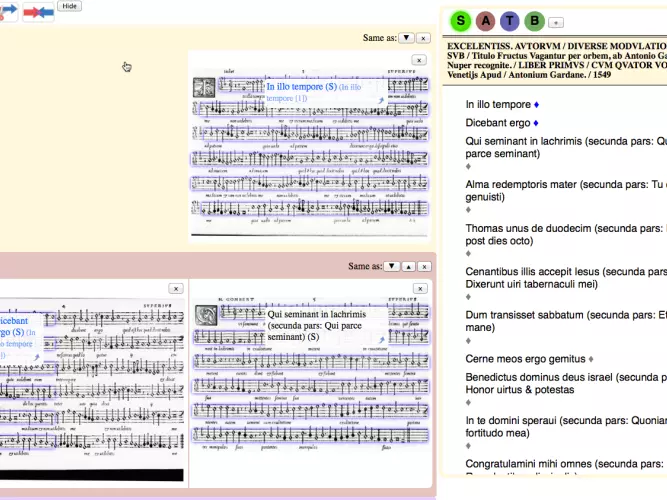A prototype for editing source inventories, showing piece titles and partbook images