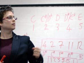 Emily Howard explaining 'numbers into notes'. Photograph by Angela Guyton.