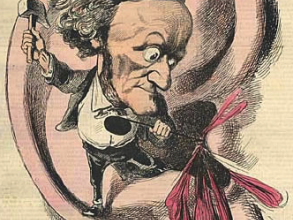 Caricature of Wagner assaulting an ear with hammer and (note-shaped) chisel