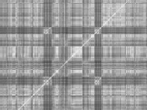 Trevor Wishart's Imago (2002), similarity matrix based on Euclidean distance between MFCC audio feature vectors over the piece's complete 26 minute duration